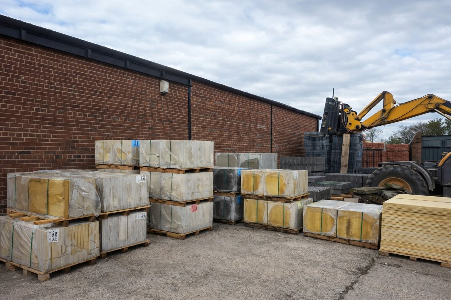 Wrapped pallets of paving stock in the yard with a digger behind