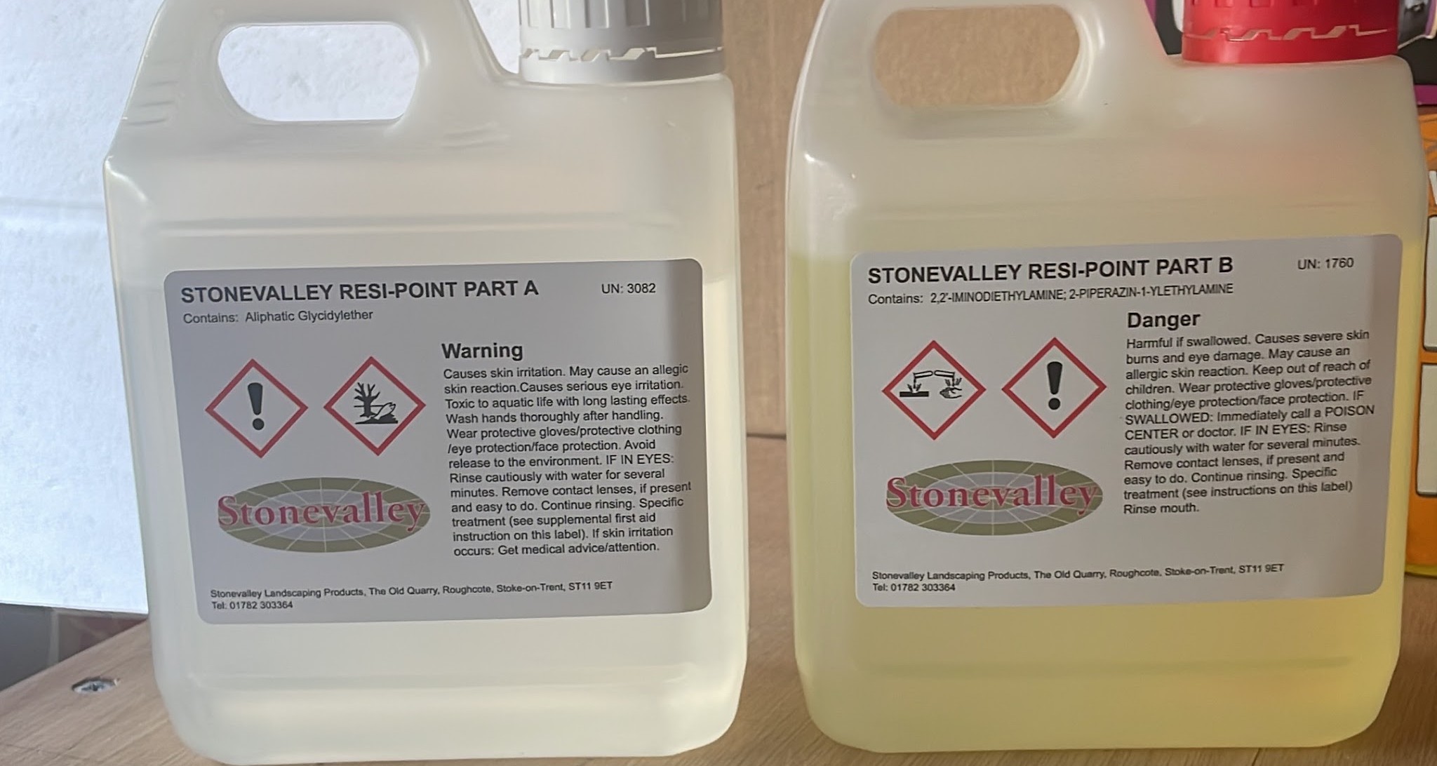 Two bottles labelled Stonevalley Resi-Point Part A and Part B with the Stonevalley logo